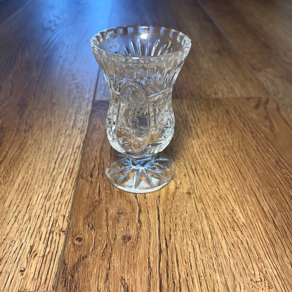 Vintage Pressed Glass Bud Vase Floral Grape Cluster Footed Scalloped Rim 5"